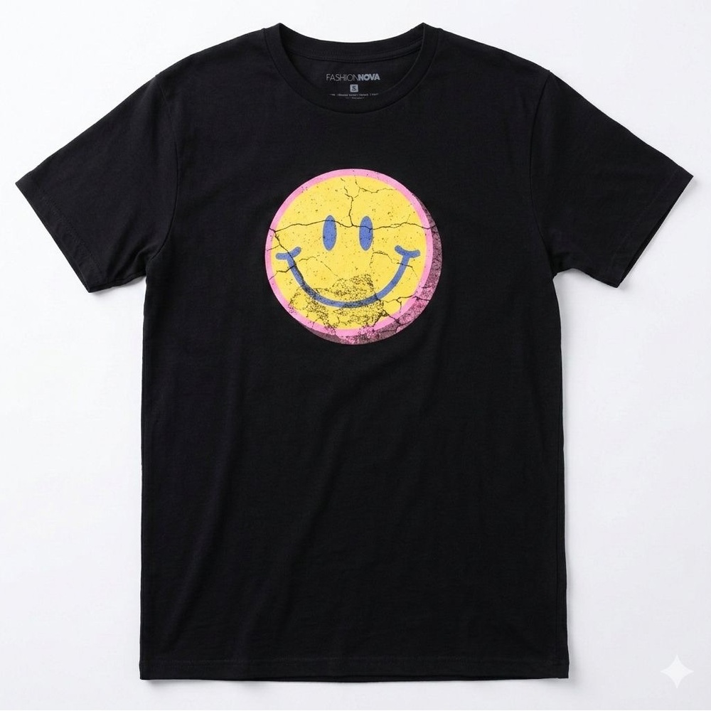 Fashion Nova Black Smiley Face Tee - Yellow & Pink-S